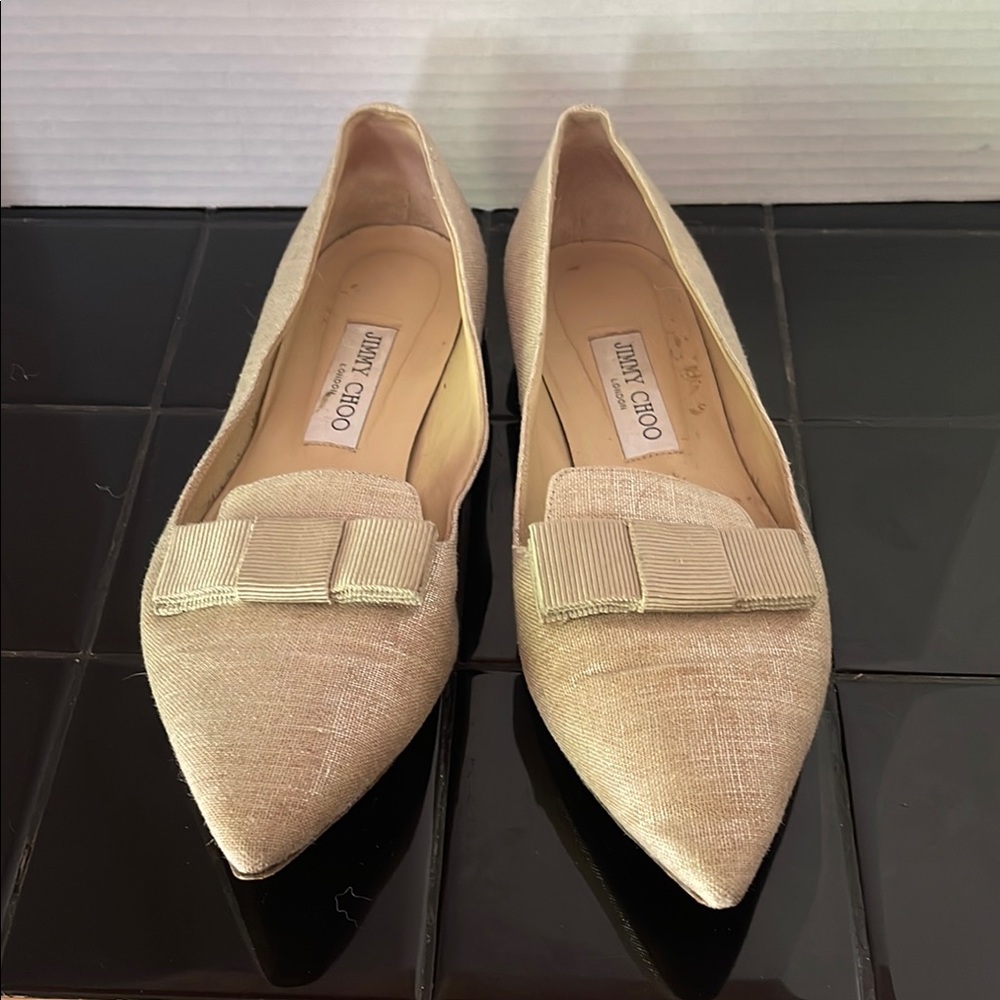 Jimmy Choo Champagne Pointed-Toe Bow Flats